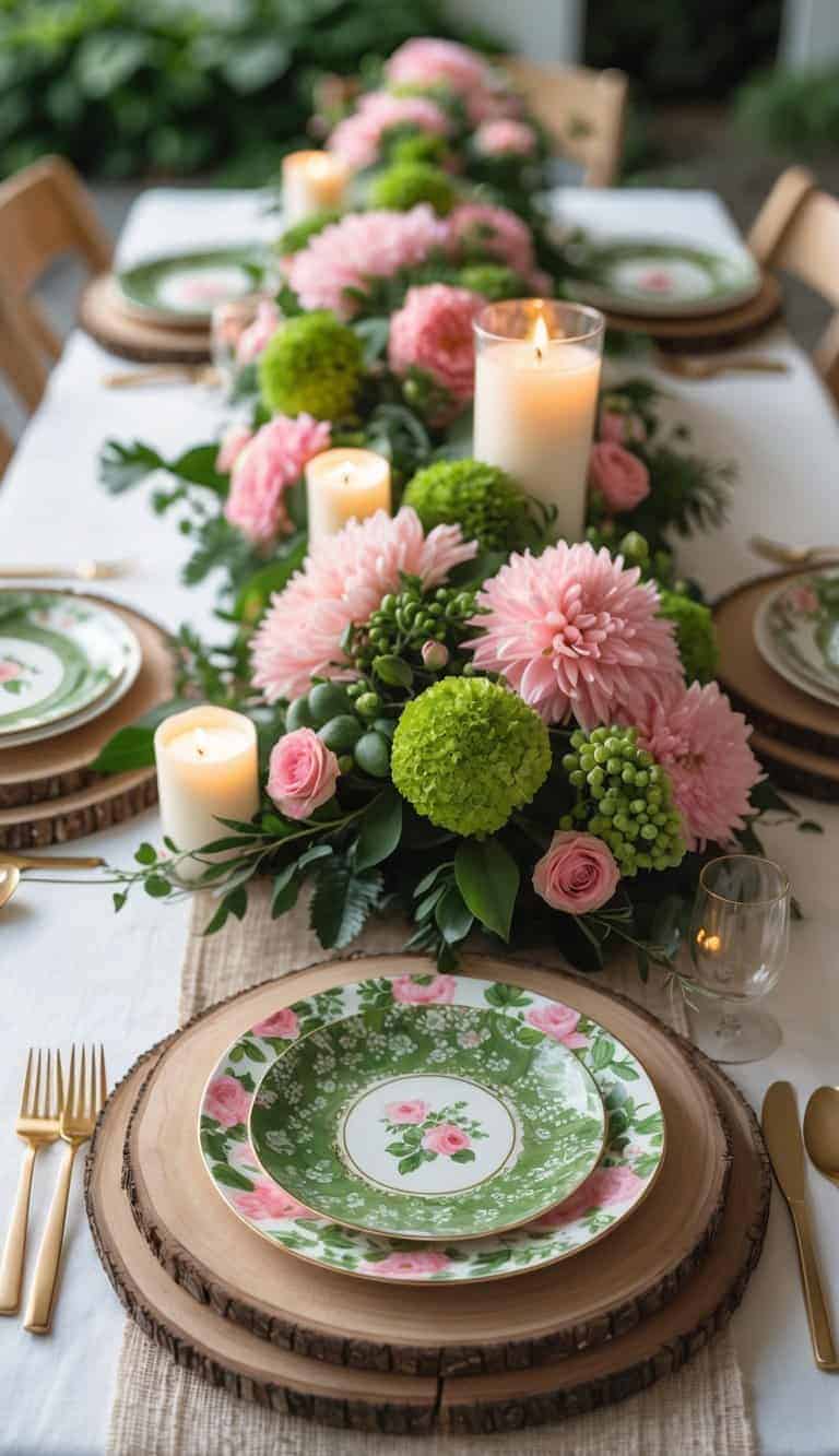 A full view of a table set with natural wood chargers, green and pink floral plates, pink and green flower centerpieces, and lit candles.