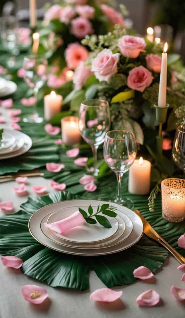 Elegant table setting with white plates on green leaf placemats, pink flower centerpieces, scattered petals, candles, and wine glasses.