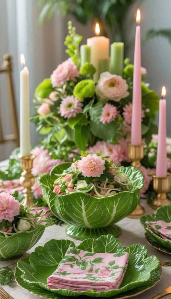 A table set with green leaf-shaped plates, pink floral napkins, and a salad in a green bowl, decorated with pink flowers and surrounded by pink and white candles and a floral centerpiece.