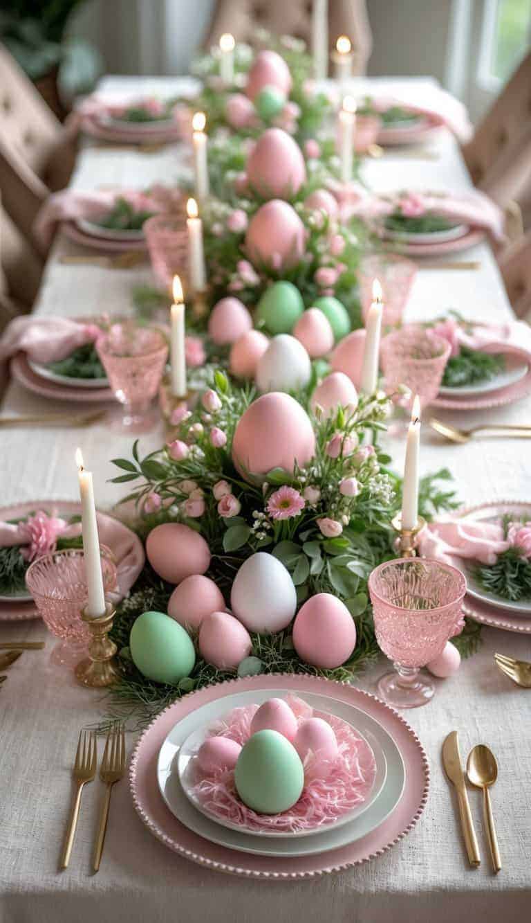 A beautifully decorated table with pink and green Easter eggs, candles, and fresh flowers arranged as centerpieces, set for a festive holiday meal.