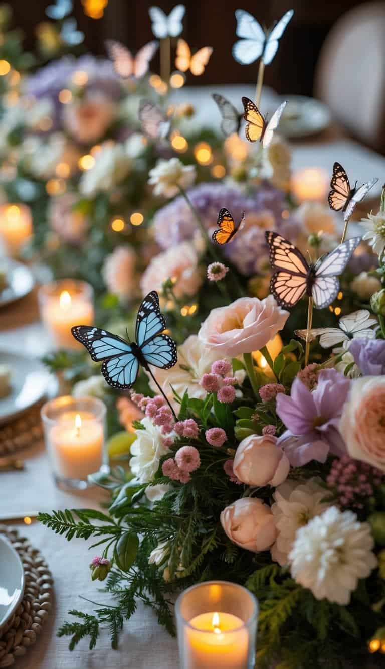 A beautifully arranged event table with fresh flowers, butterfly decorations, and lit candles.