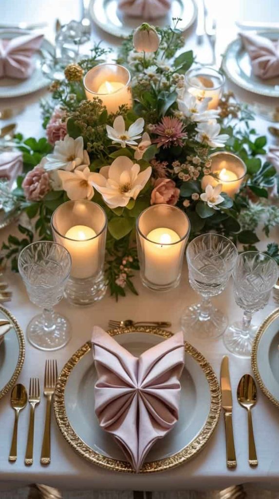 Elegant table setting with gold-rimmed plates, crystal glasses, folded pink napkins, floral centerpiece, and lit candles arranged on a white tablecloth.