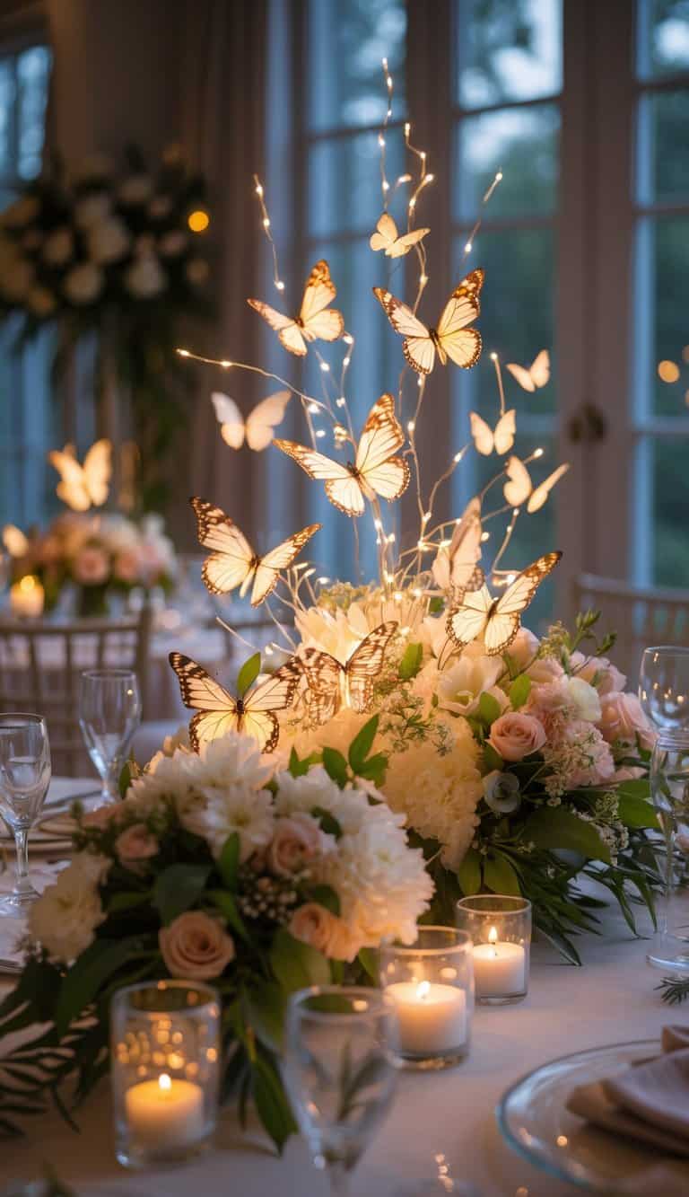 A full view of a decorated event table featuring a butterfly centerpiece with small lights, surrounded by candles and floral arrangements in natural daylight.