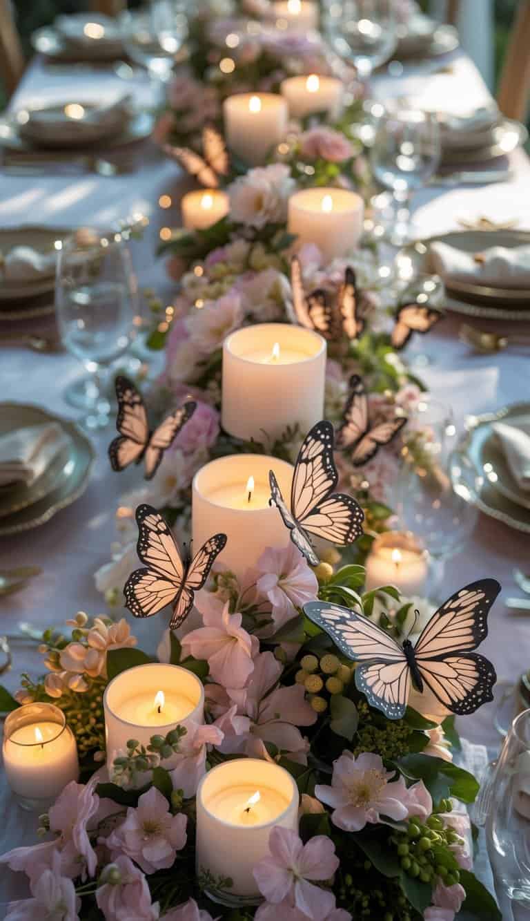 A full view of a decorated table with butterfly-shaped candle holders, surrounded by flowers and lit candles.