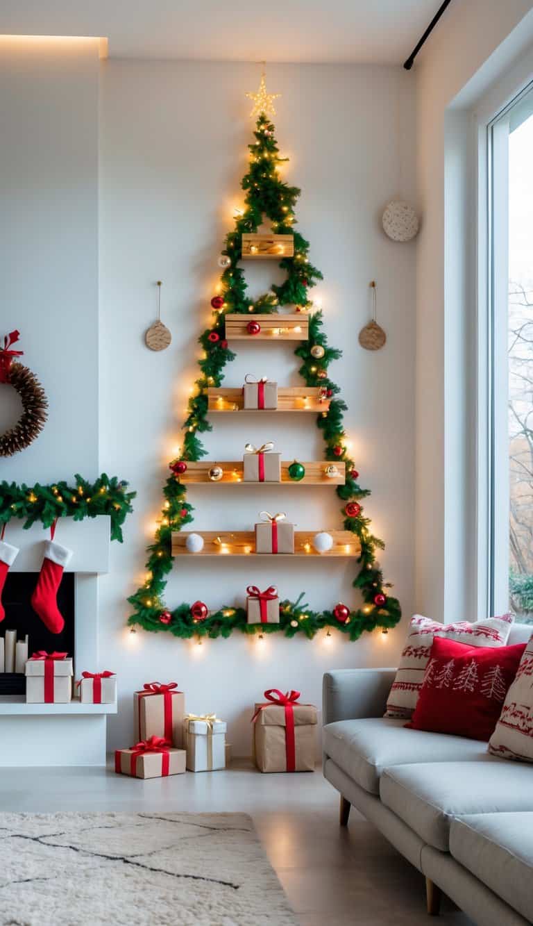 Living room with a creative Christmas tree made from decorations arranged on a wall, surrounded by festive holiday decor.