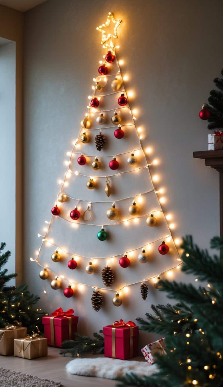 A wall decorated with string lights arranged in the shape of a Christmas tree, adorned with colorful ornaments and small presents at the base.