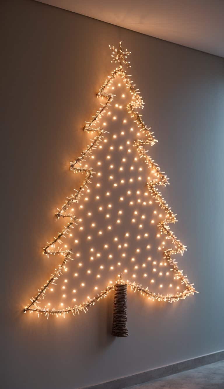 A Christmas tree shape made of twinkling fairy lights on a plain wall, glowing warmly.
