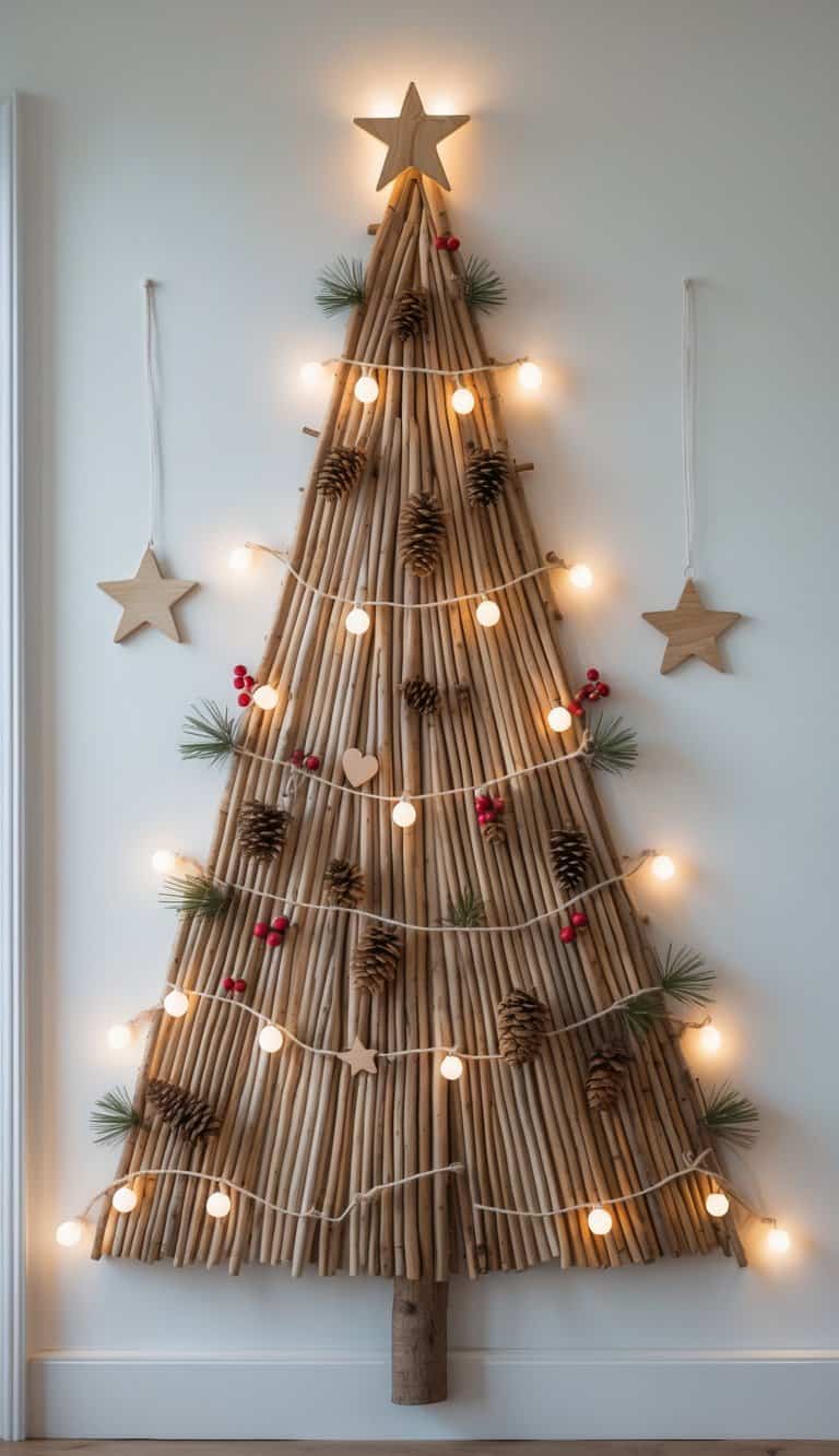A rustic Christmas tree made from wooden sticks arranged on a white wall, decorated with lights, pine cones, and small ornaments.