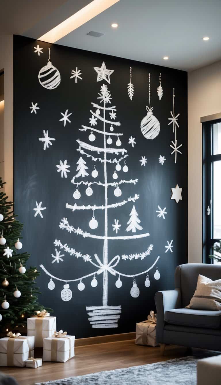 A living room with a chalkboard wall displaying a Christmas tree drawing made of chalk, surrounded by cozy holiday decorations.