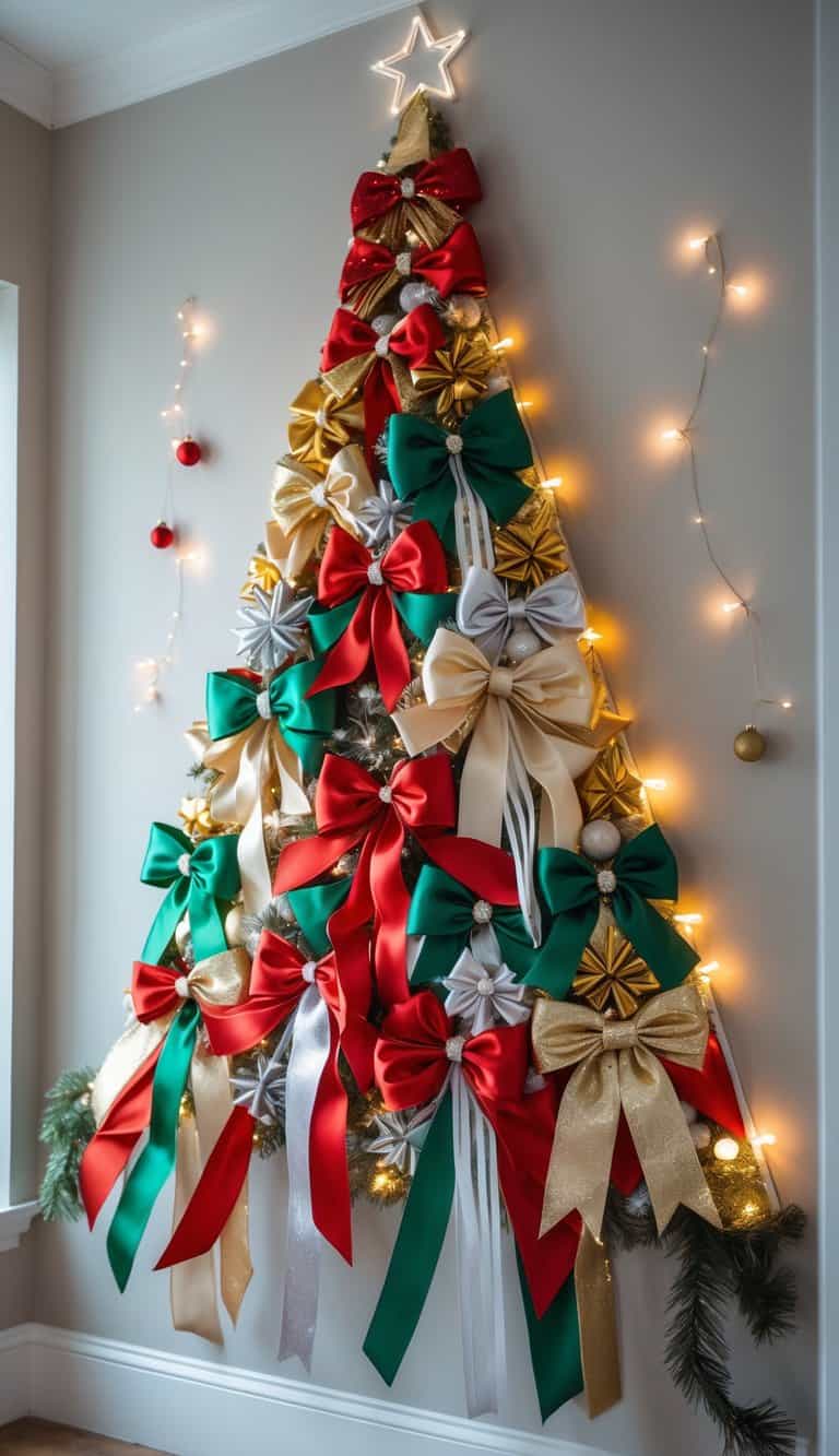 A Christmas tree made of colorful ribbons and bows arranged on a wall with small ornaments and soft lights.