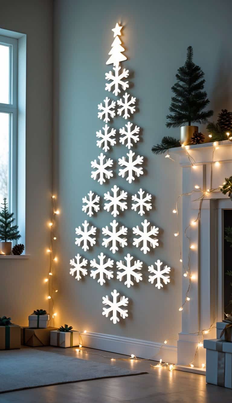 A Christmas tree made of white snowflake cutouts arranged on a wall with warm fairy lights in a cozy living room.