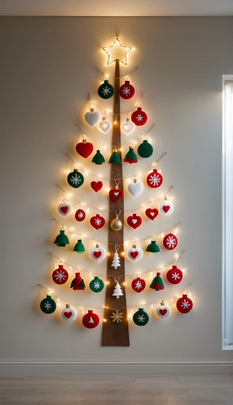 A wall decorated with colorful felt ornaments arranged in the shape of a Christmas tree with small glowing lights.