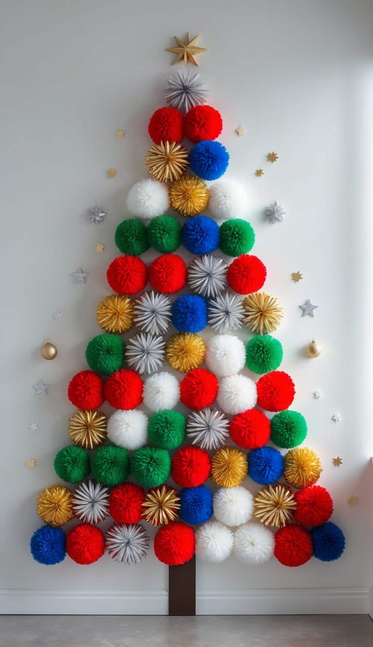 A colorful Christmas tree made of pom-poms arranged on a white wall with small ornaments.