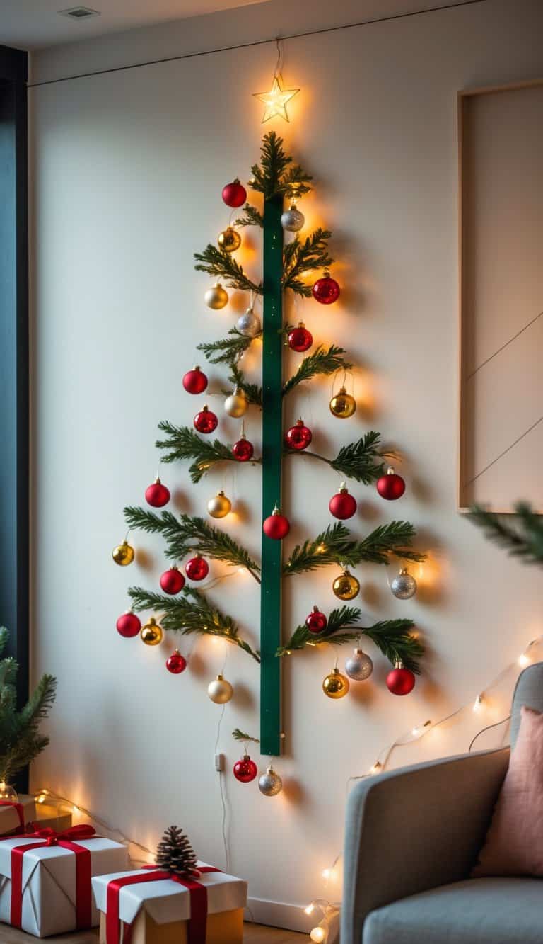 A wall decorated with a small clip-on ornament Christmas tree made of green branches and colorful baubles, surrounded by subtle holiday decorations in a cozy living room.