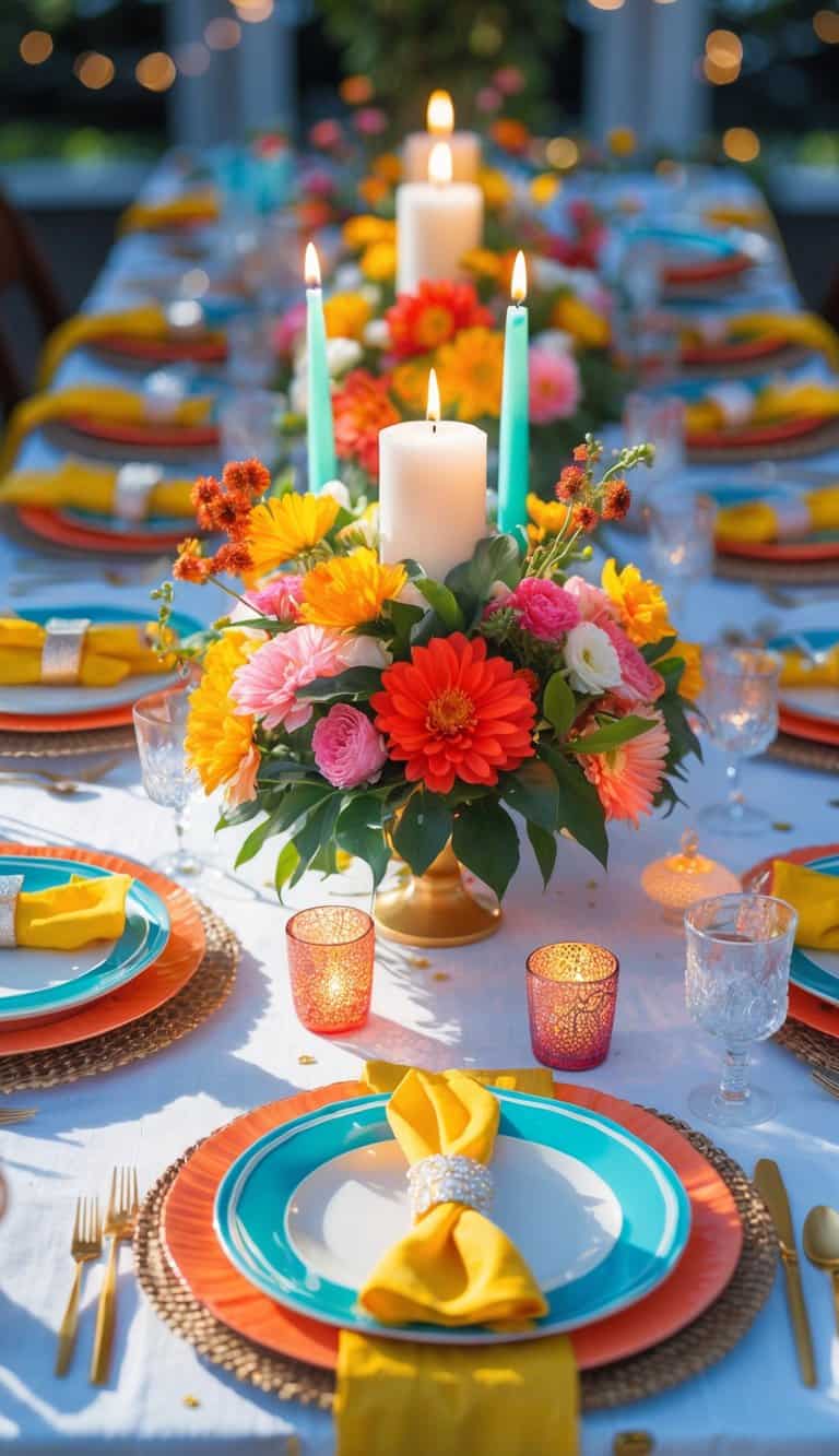 A brightly decorated table set for a festive event with floral centerpieces, candles, plates, and glassware arranged neatly under natural light.