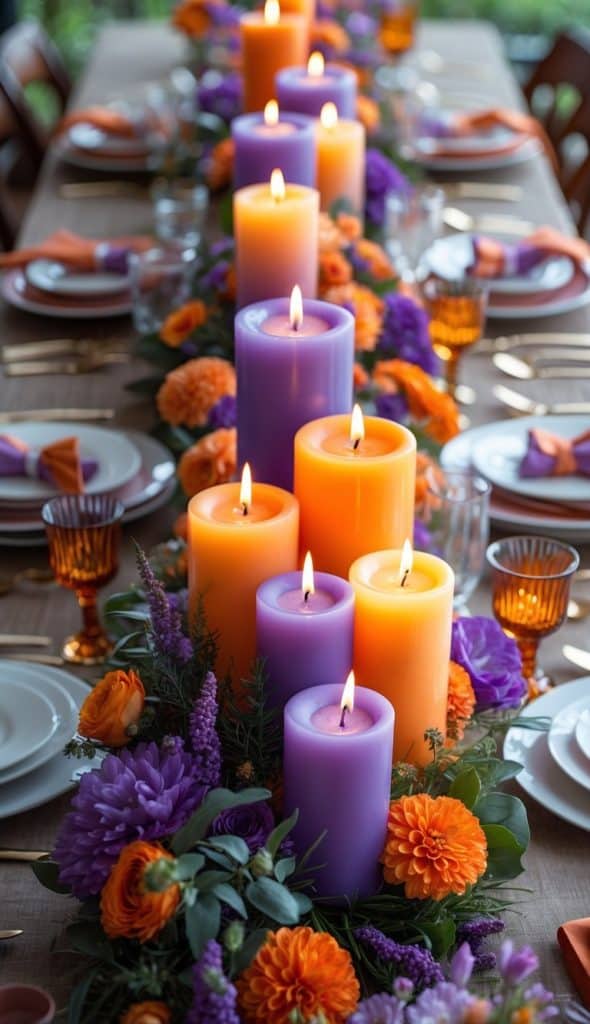 A long dining table decorated with lit orange and purple candles, surrounded by matching flowers and place settings with orange napkins and glassware.