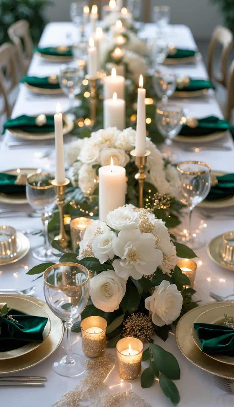 A fully set dining table with floral centerpieces, candles, plates, glasses, and silverware arranged for a New Year’s Eve celebration.