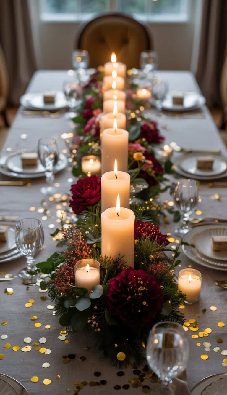 A decorated dining table with candles, flowers, and festive confetti around a centerpiece.