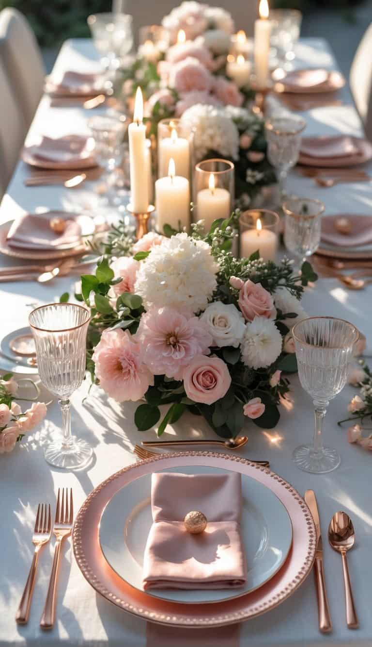A full view of a New Year’s Eve table set with rose gold flatware, floral centerpieces, candles, fine china, and glassware under natural light.