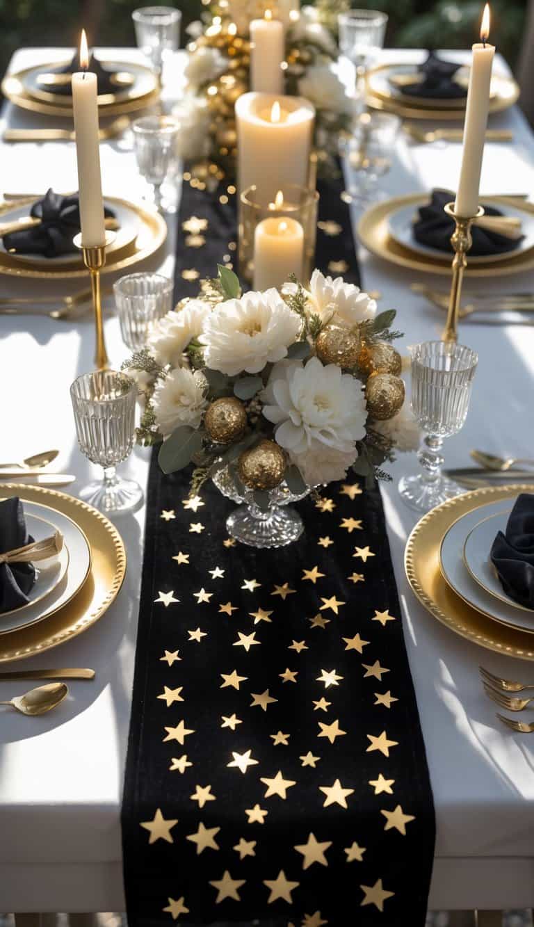A full view of a decorated table with a black velvet runner with gold stars, floral centerpieces, candles, and tableware set for a celebration.