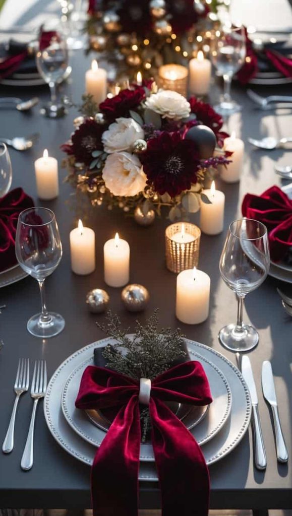 A formal dining table set with red and white floral centerpieces, candles, wine glasses, and plates with red velvet napkin bows and greenery.