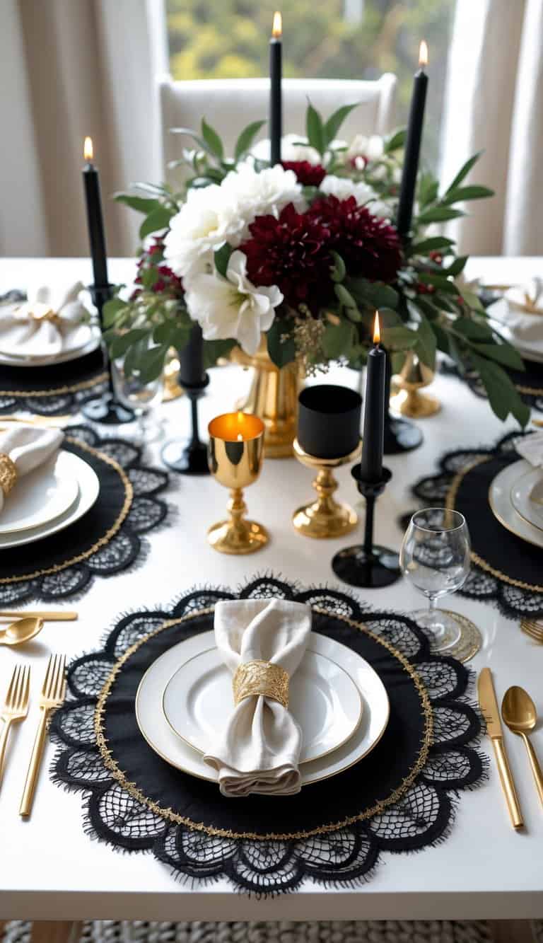 A beautifully set dining table with black lace placemats trimmed in gold, candles, and floral centerpieces arranged for a festive occasion.
