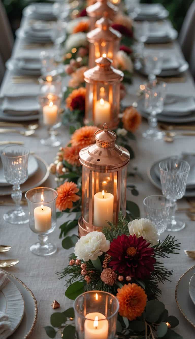 A festive dining table set for New Year's Eve with copper lanterns, candles, floral arrangements, and elegant tableware under natural light.