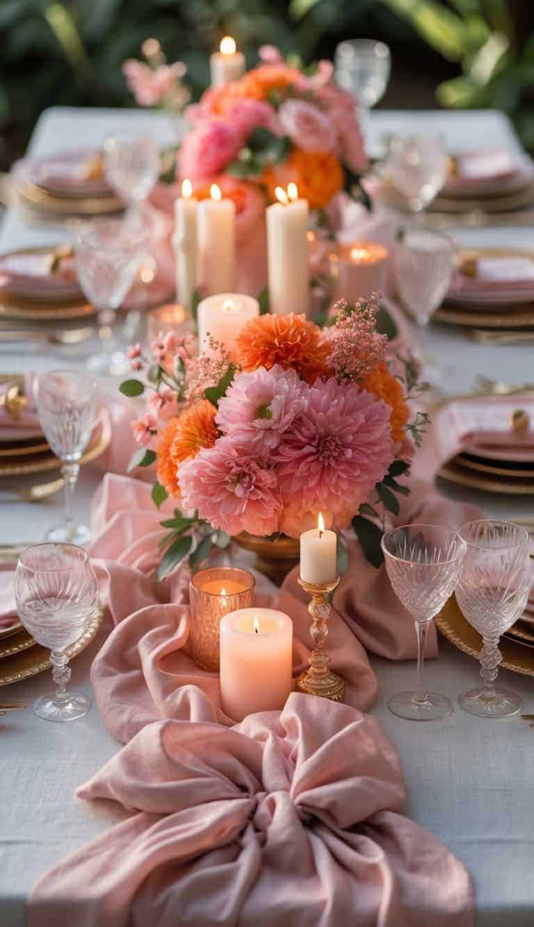 A beautifully arranged dining table with blush pink linens, pink and orange floral centerpieces, lit candles, glassware, and cutlery, all set in natural light.