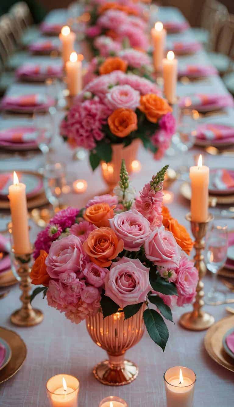 A beautifully arranged event table with pink and orange floral centerpieces, candles, and tableware under natural light.