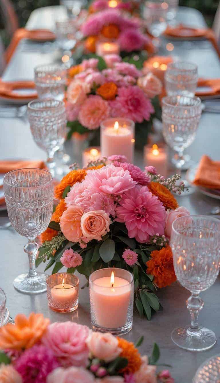 A full view of a decorated table with pink and orange flowers, crystal glassware, and lit candles arranged in a balanced and elegant setting.