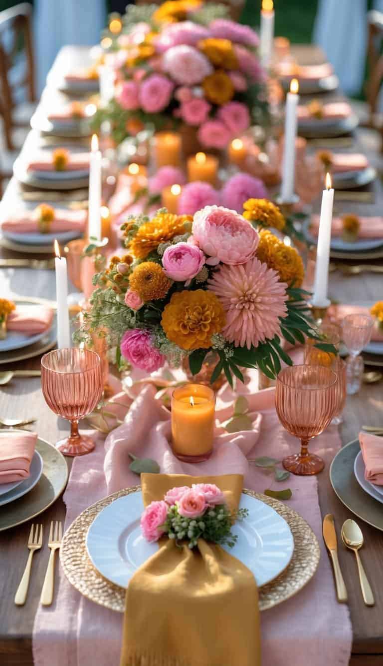 A fully set event table with pink, orange, and mustard floral centerpieces, candles, and matching tableware under natural light.