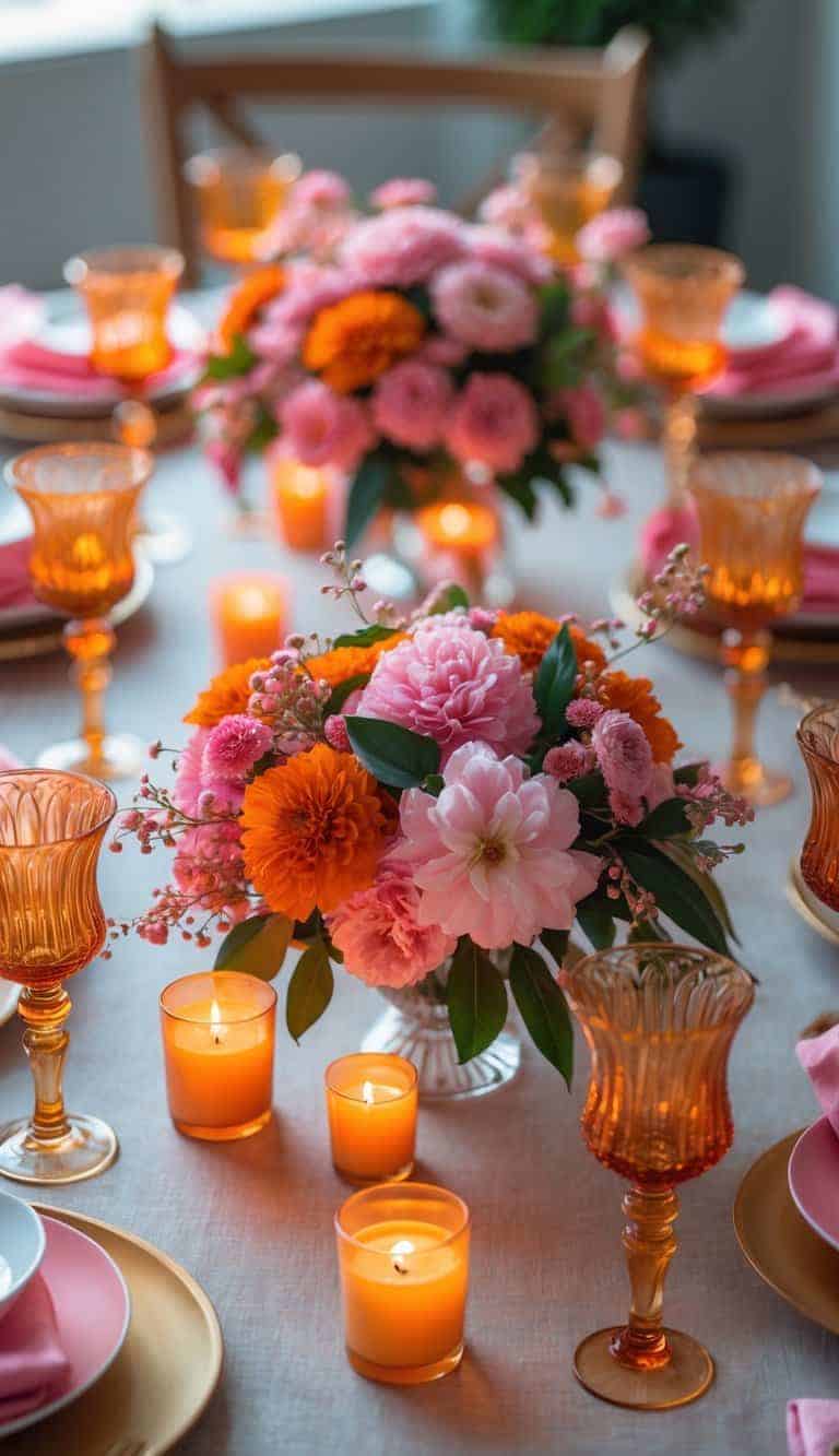 A table set for an event with amber glassware, pink and orange flowers, and lit candles arranged as centerpieces.