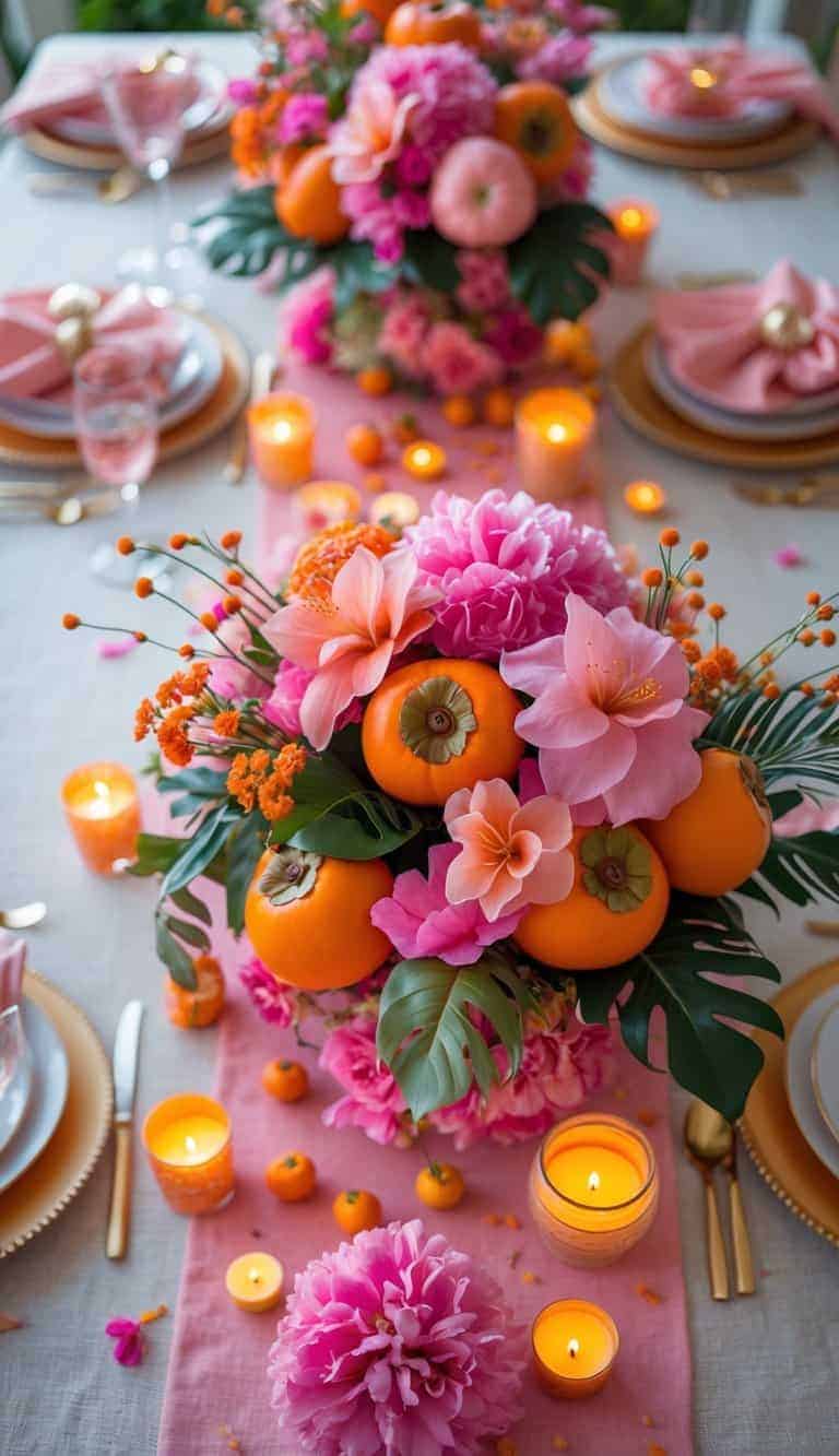 A beautifully arranged table set with pink and orange flowers, persimmons, candles, and elegant tableware.
