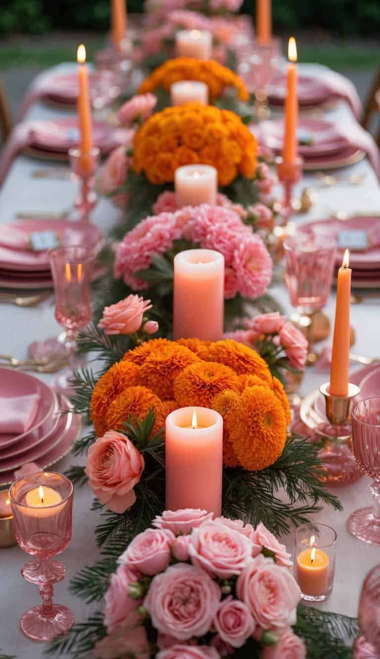 A beautifully set table with orange marigold flowers, pink and orange decorations, candles, and tableware arranged for a festive event.