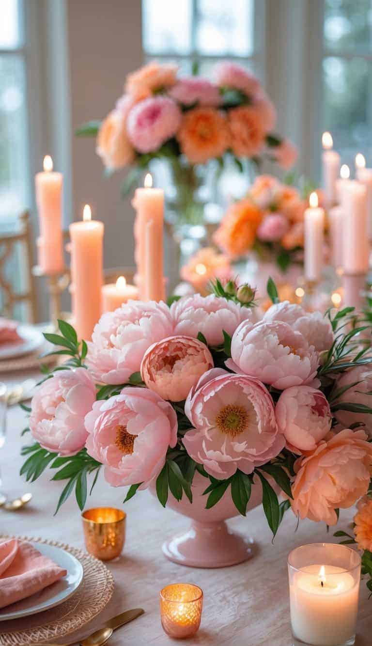 A beautifully arranged event table with a centerpiece of blush peonies, surrounded by pink and orange flowers and candles, set in natural light.