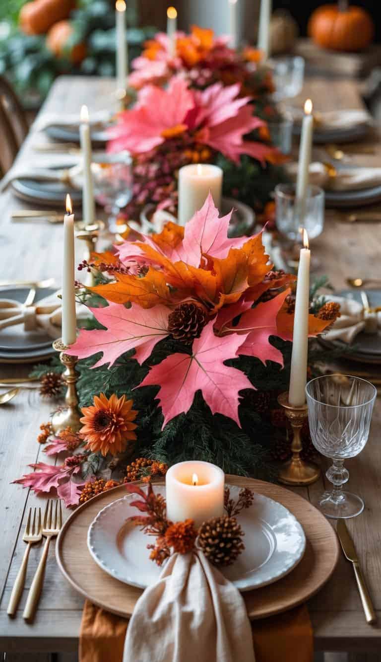 A full view of a fall-themed table decorated with pink and orange leaves, candles, and floral centerpieces under natural light.