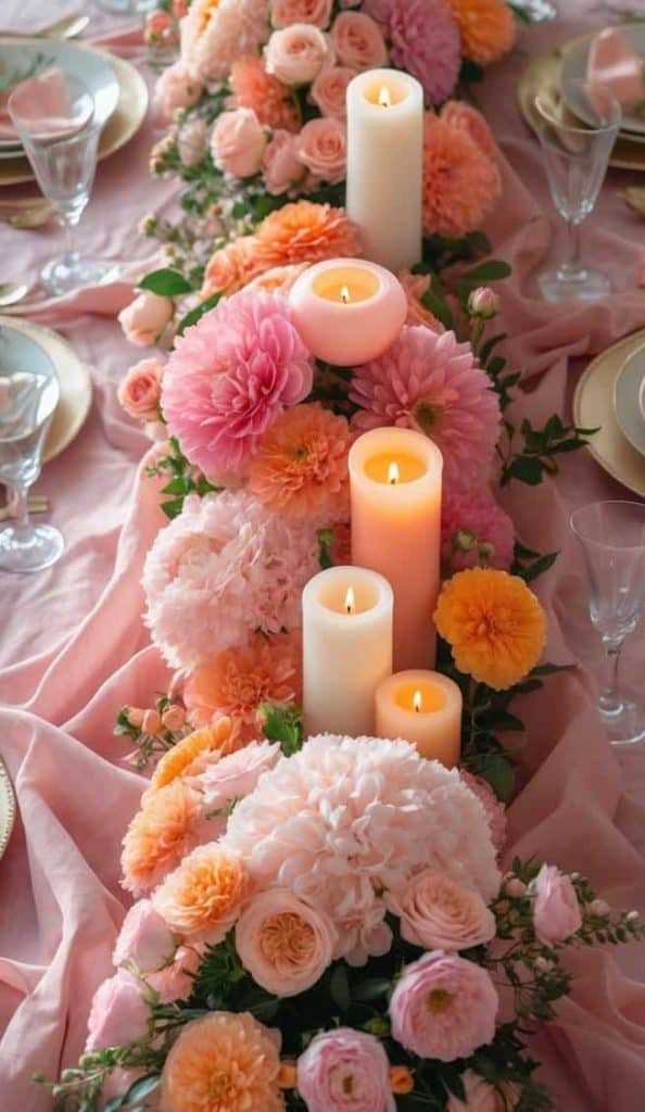 A formal table setting with gold-rimmed plates, glassware, and a centerpiece of pink and peach flowers with lit pillar candles on a pink tablecloth.
