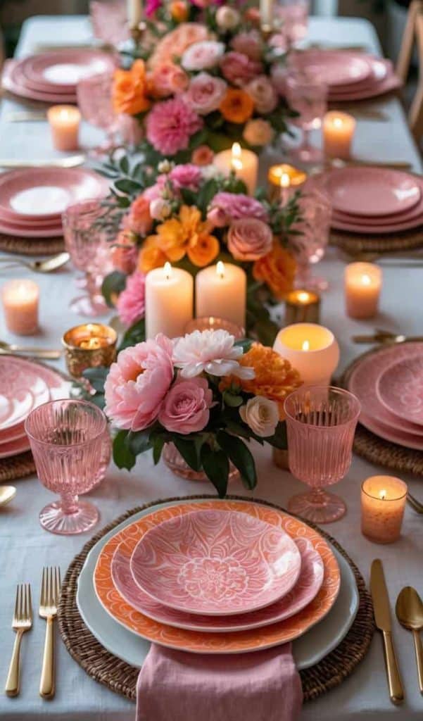 A dining table set with pink and orange floral centerpieces, pink plates, gold cutlery, candles, and pink glassware on a white tablecloth.