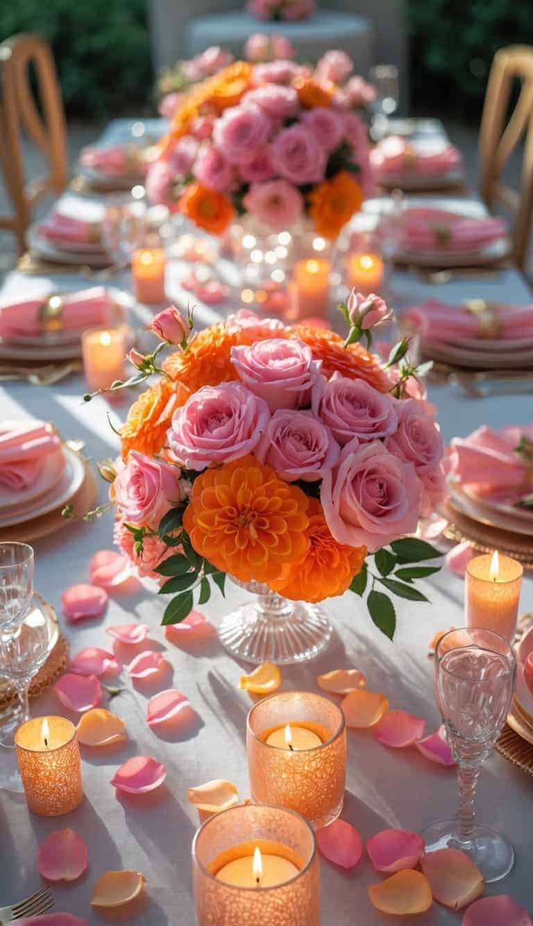 A decorated event table with pink and orange flowers, candles, and scattered pink rose petals under natural light.
