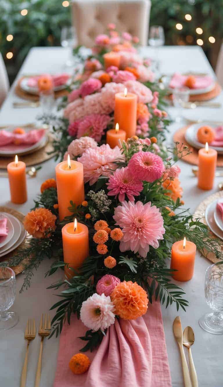 A fully set table with pink and orange flowers, tangerine-colored pillar candles, and elegant tableware arranged for a festive event.