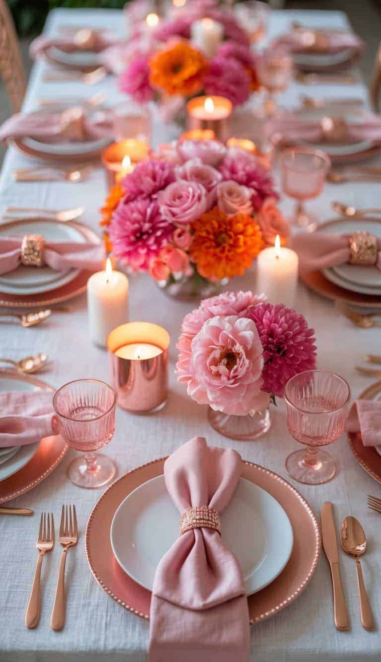 A full view of a decorated table with rose gold flatware, pink and orange flowers, candles, and elegant table settings.