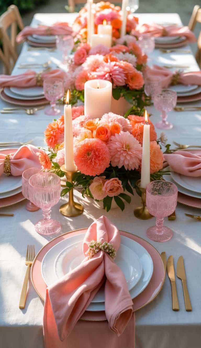 A full view of a table set for an event with peachy pink cloth napkins, pink and orange floral centerpieces, and lit candles arranged among plates and glassware.