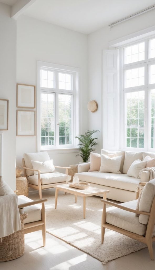 A bright, minimalist living room with light wood furniture, cream-colored sofas, large windows, and a neutral rug. A potted plant and framed art decorate the space.