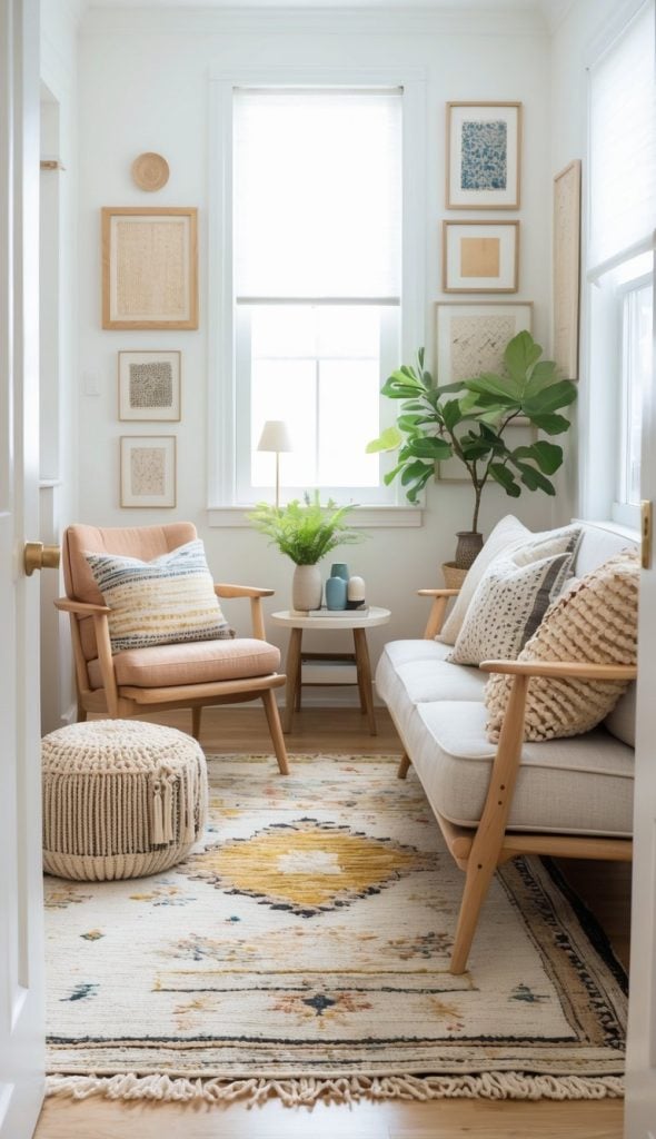 Bright, cozy living room with a light sofa, patterned pillows, wooden armchair, pouf, indoor plant, and framed art on white walls. Sunlight streams through a large window.