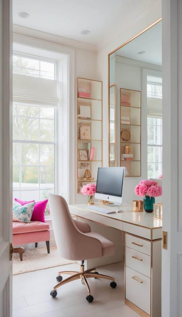 A modern home office with a white desk, a large mirror, a computer, pink flowers, gold accents, and a blush pink office chair near large windows with natural light.