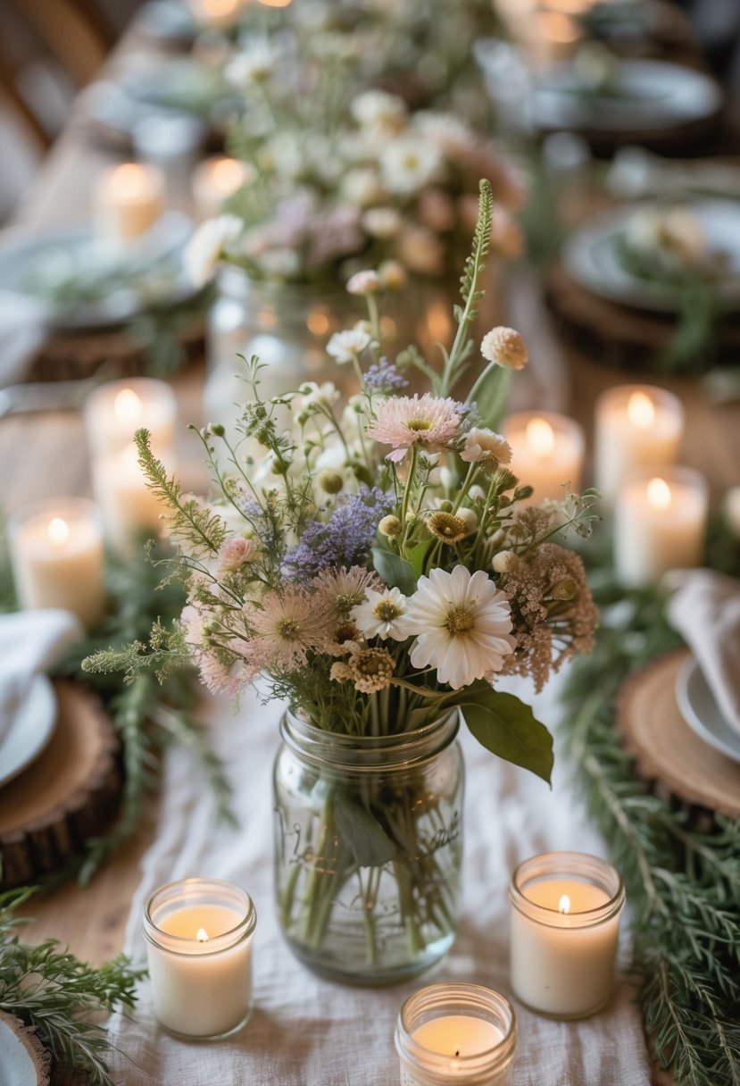 A table set with mason jars holding wildflower bouquets, surrounded by candles and floral decorations.