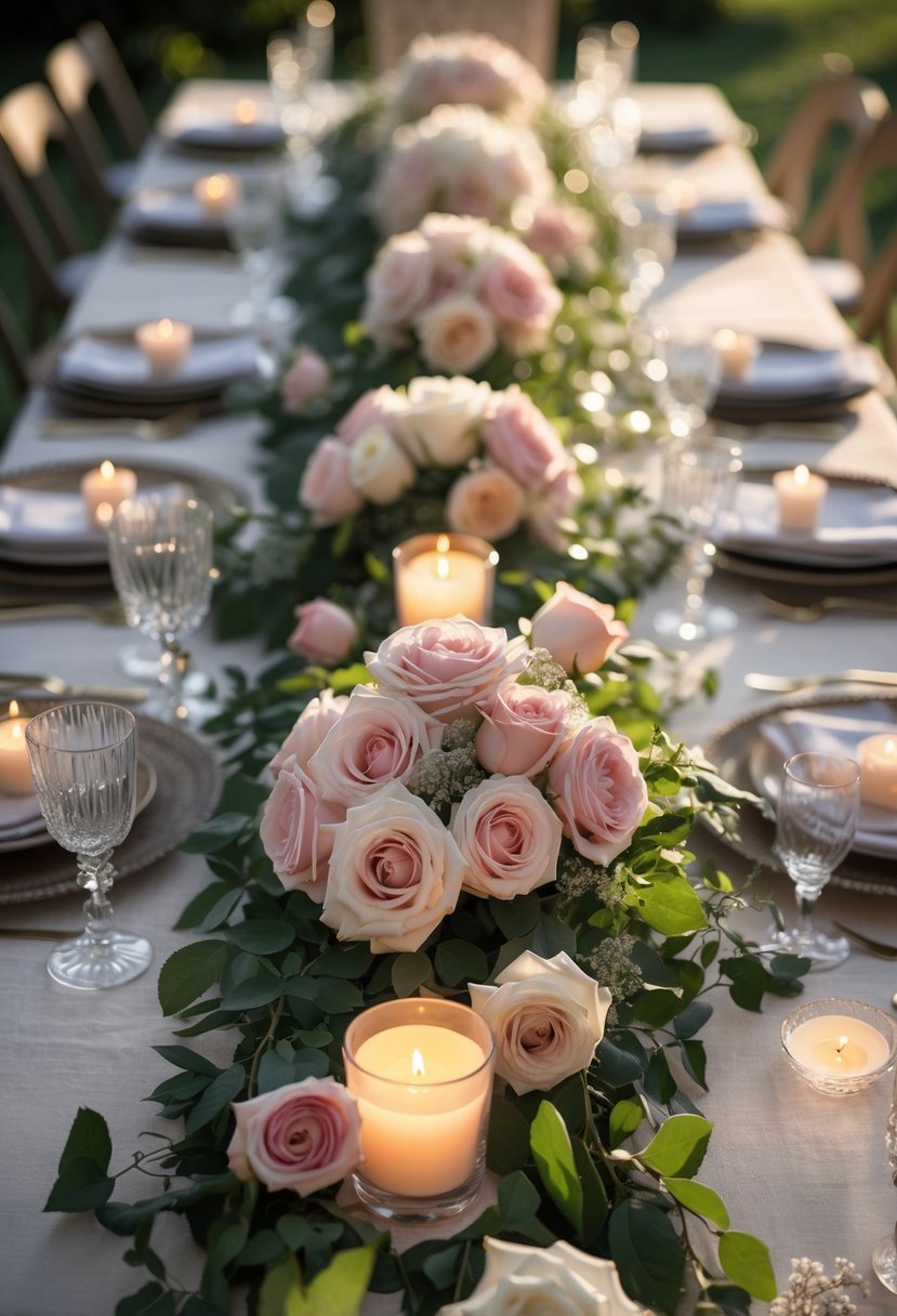 A full view of a table decorated with a rose garland, floral centerpieces, and candles in an outdoor setting.