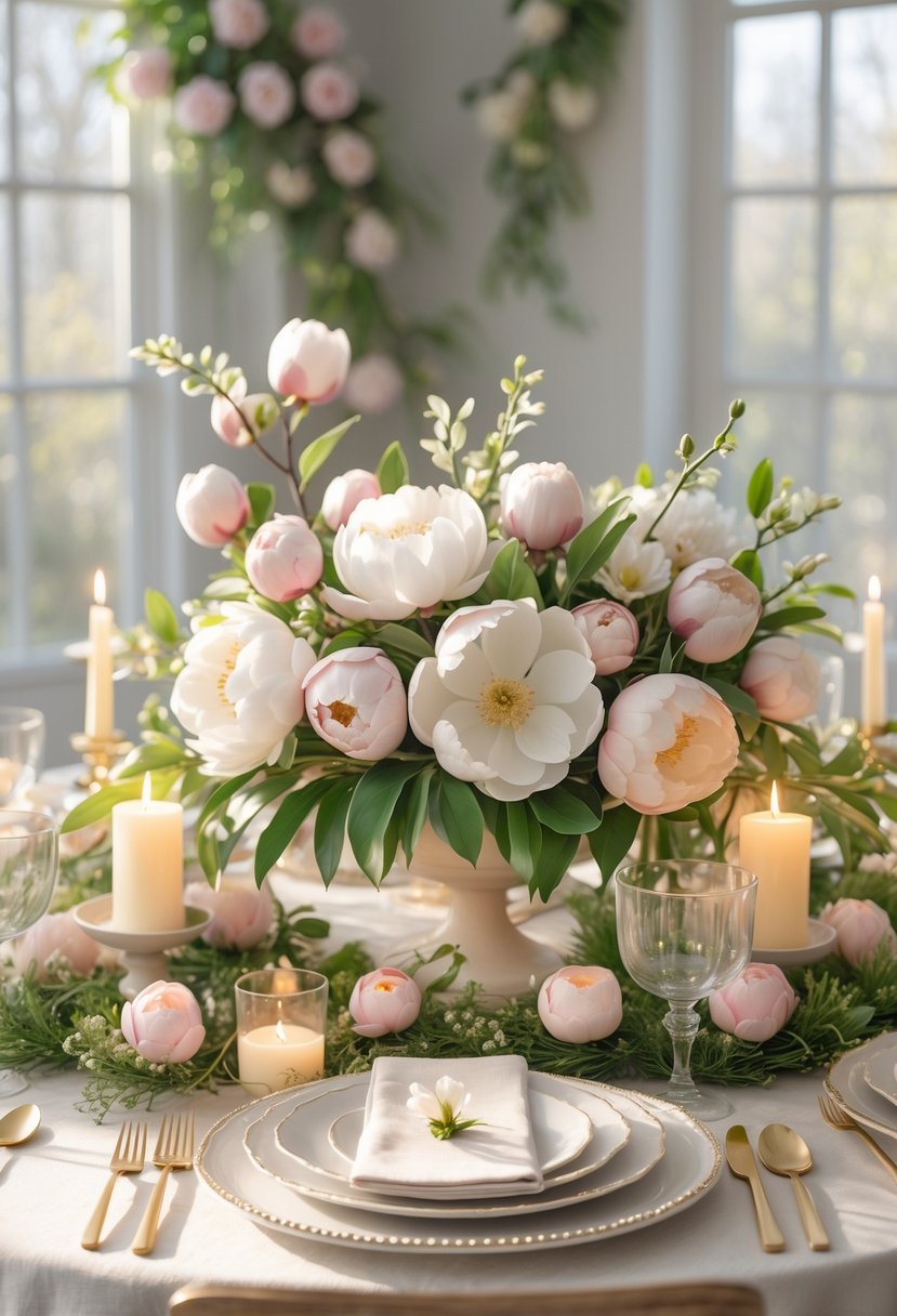 A beautifully arranged spring table with a centerpiece of peonies and magnolia flowers, surrounded by candles and tableware under natural light.