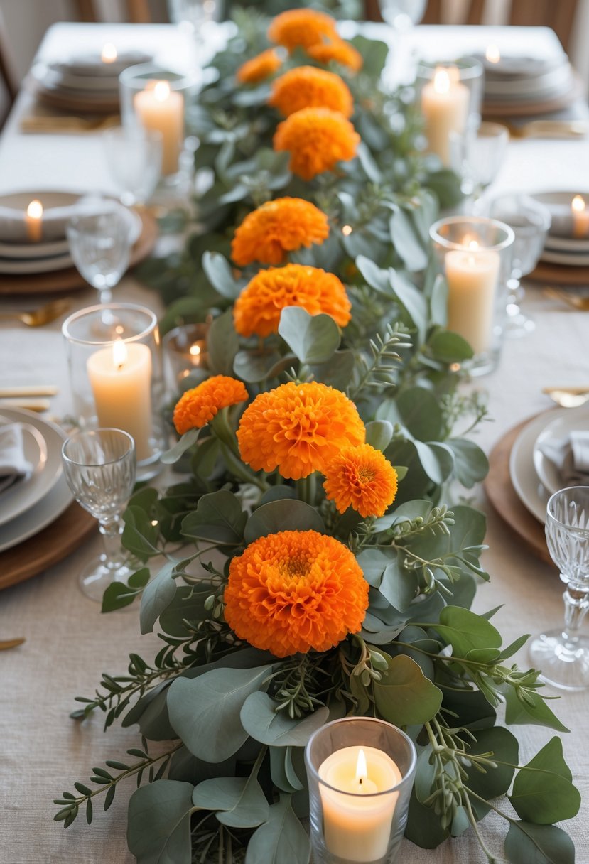 A full view of a table decorated with orange marigold and eucalyptus centerpiece, surrounded by candles and tableware.