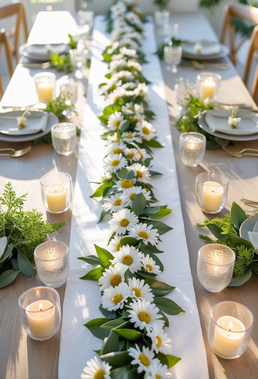 A full view of a decorated table with a daisy chain runner, floral centerpieces, and lit candles in glass holders.